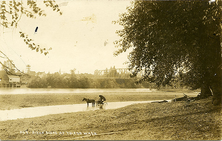Horse and rider in the Cowlitz River at Toledo, 1912